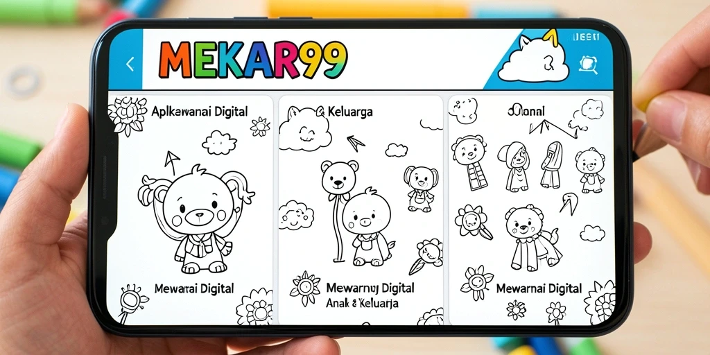Antarmuka aplikasi MEKAR99 yang ramah anak saat mewarnai gambar.